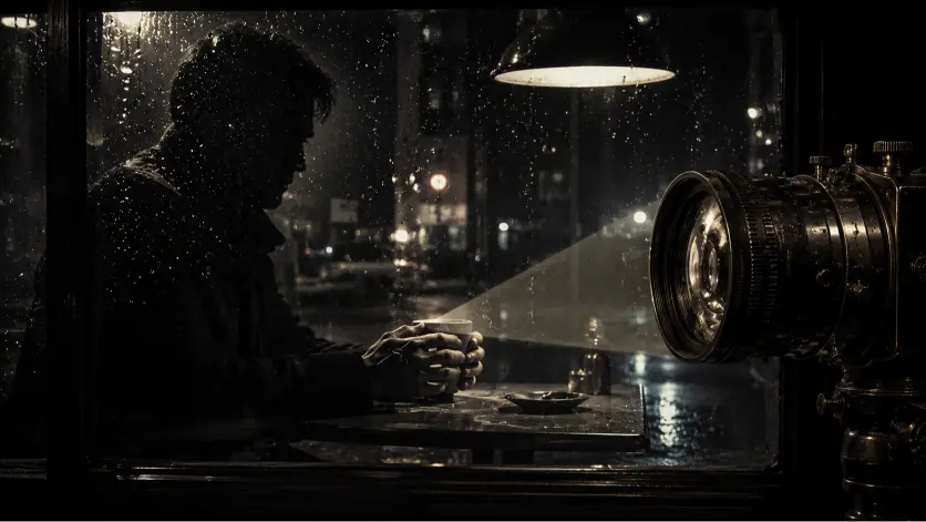 A cinematic, noir-style image showing the silhouette of a person seated inside a dimly lit café, viewed through a rain-covered window with sharp reflections. The figure’s face is obscured in shadow, while their hands nervously hold a coffee cup on a small table. To the side, a floating antique camera lens projects a focused beam of light onto the hands, emphasizing observable action over internal emotion. The background features blurred city lights and reflections on wet glass, creating a moody, atmospheric scene that highlights external behavior as the primary source of meaning.