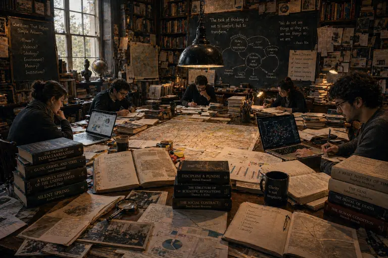 A highly detailed cinematic editorial illustration of a large collaborative research room dedicated to serious non-fiction analysis and interdisciplinary intellectual work. Several scholars sit around a massive wooden table covered with historical maps, statistical charts, handwritten notes, archival photographs, academic papers, notebooks, annotated manuscripts, printed reports, and open research materials. Multiple laptops display analytical graphs, conceptual diagrams, and interconnected systems of ideas, symbolizing structured interpretation rather than simple information gathering. Stacks of influential nonfiction books on history, political theory, philosophy, sociology, science, and cultural criticism are placed throughout the room, including visible themes of totalitarianism, environmental thought, social contracts, scientific revolutions, and institutional power. A large chalkboard on the back wall contains complex diagrams connecting evidence, interpretation, responsibility, contradiction, and historical causality, reinforcing the idea that knowledge is built through rigorous method rather than rhetorical certainty. Warm hanging industrial lamps cast focused golden light across the scene, creating a serious and contemplative atmosphere, while tall bookshelves filled with scholarly works surround the room from floor to ceiling. Large windows allow soft natural daylight to enter, balancing the intimate interior with a sense of openness and reflection. The image symbolizes critical reading, collective scholarship, research integrity, and the disciplined process of constructing trustworthy understanding through deep nonfiction inquiry rather than superficial consumption of information.