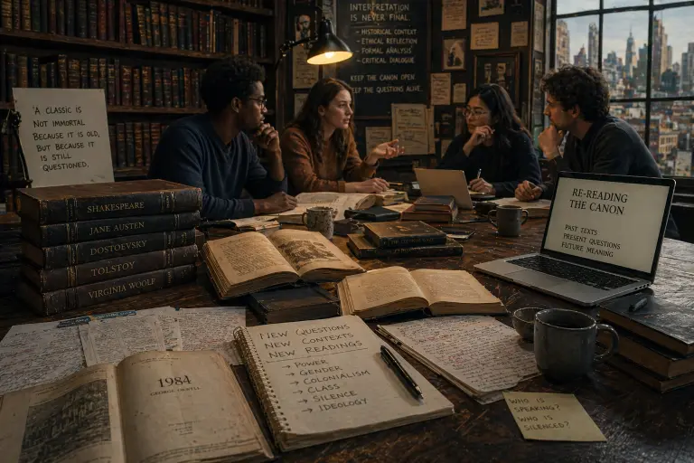 A highly detailed cinematic academic reading room dedicated to the critical re-evaluation of classic literature through a modern lens. At the center of the image, four readers and scholars sit around a large dark wooden table engaged in thoughtful literary discussion, creating an atmosphere of active interpretation rather than passive study. The table is covered with open classic novels, heavily annotated notebooks, handwritten critical notes, fountain pens, ceramic coffee mugs, stacked hardcover books, and printed literary essays. Visible titles from canonical authors such as Shakespeare, Jane Austen, Fyodor Dostoevsky, Leo Tolstoy, Virginia Woolf, and George Orwell emphasize the focus on timeless literary works being revisited under contemporary scrutiny. One open book prominently displays George Orwell’s 1984, while nearby handwritten notes list critical themes such as power, gender, colonialism, class, silence, and ideology, reflecting modern interpretive frameworks. A laptop on the table displays the phrase “Re-Reading the Canon,” symbolizing the dialogue between traditional scholarship and present-day academic analysis. Another note asks, “Who is speaking? Who is silenced?”, reinforcing themes of narrative authority and marginalized perspectives. Behind the group, tall bookshelves filled with old hardcover volumes line the walls, while posters and pinned notes contain phrases such as “Interpretation is never final” and “Keep the canon open,” visually representing the philosophy of ongoing literary reinterpretation. Warm light from an overhead desk lamp illuminates the scene, while large windows reveal a modern city skyline in the background, creating a symbolic contrast between historical permanence and contemporary intellectual life. The entire composition conveys seriousness, reflection, and the idea that classics endure because they continue to invite questioning, criticism, and renewed understanding across generations.