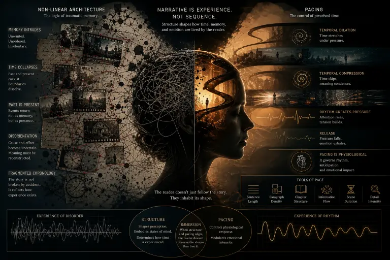 An ultra-realistic, wide-format cinematic composition depicting narrative structure as a living temporal system rather than a physical manuscript. At the center, a semi-transparent human silhouette stands within a vast dark environment, its interior filled with luminous threads of light representing fragmented timelines. These threads loop, break, reconnect, and overlap irregularly, forming a dense network of non-linear pathways that pulse at varying intensities. Some segments glow sharply and expand outward, symbolizing temporal dilation where moments stretch and intensify, while others compress into tight, rapid flickers, representing accelerated narrative compression. Surrounding the figure, faint concentric waves radiate outward like pressure fields, visualizing pacing as a physiological force acting on perception. In the background, blurred architectural grids dissolve and reform, suggesting unstable structure and shifting narrative frameworks. Subtle motion blur and depth-of-field effects create a sense of continuous movement and disorientation, while cool blue and amber highlights contrast to indicate shifts between memory, present awareness, and emotional intensity. No books or traditional literary objects are present; instead, the image translates abstract literary concepts—non-linear architecture, traumatic memory, and controlled pacing—into a precise, immersive visual system that conveys how narrative form shapes cognitive and emotional experience.