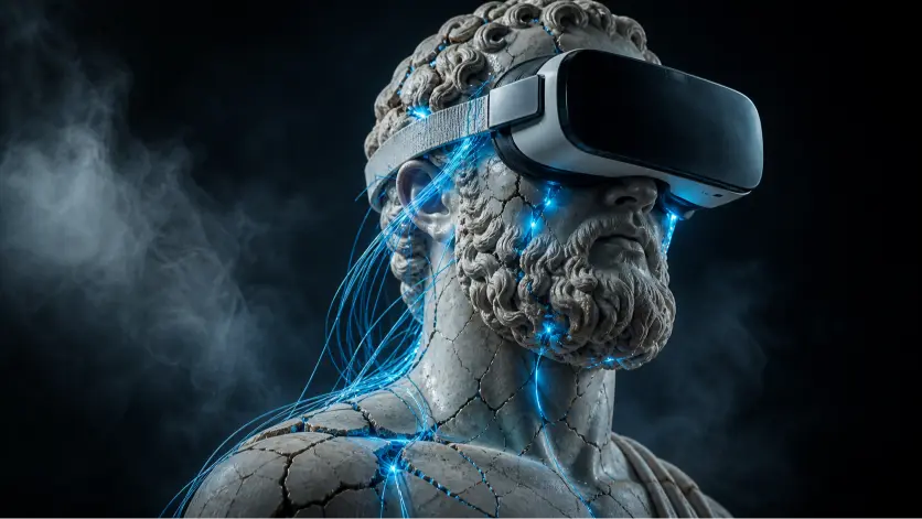 A cinematic 16:9 image of a white marble bust of a classical Greek philosopher wearing a sleek modern VR headset. The statue is visibly cracked, with glowing neon blue fiber-optic cables emerging from the fissures and extending outward, suggesting a fusion between ancient intellect and advanced technology. Dramatic side lighting highlights the texture of the marble and the luminous cables, creating strong contrast against a dark, smoky, minimalist background. The composition conveys the reinterpretation of classical knowledge through contemporary systems, symbolizing the ongoing dialogue between past and present.