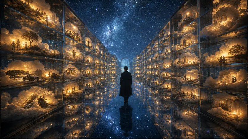 A surreal cinematic illustration of a person walking through a vast library made of translucent glass shelves filled with glowing memory-like clouds, beneath a star-filled sky reflected on a mirrored floor, symbolizing memory, identity, and nostalgia in literature.