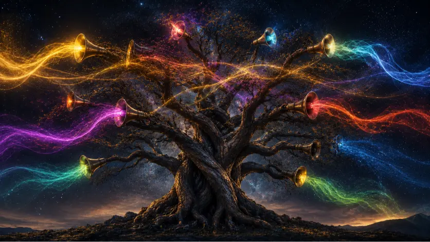 A cinematic widescreen image of an ancient, multi-trunked tree under a vast starry sky, with glowing megaphones and trumpets emerging from its branches. Each instrument emits vibrant, differently colored waves of light that intertwine across the air, symbolizing polyphonic narrative structures where multiple voices coexist, overlap, and interact without a single dominant perspective.