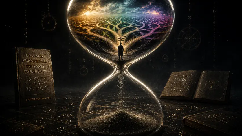 A cinematic conceptual image of a giant translucent hourglass suspended in a dark void, filled with countless branching roads and pathways in its upper chamber. At the narrow center, a solitary figure stands at a crossroads while sand pours downward, symbolizing the gradual collapse of possibilities and the structural pressure that forces unavoidable decisions in narrative storytelling. Dramatic lighting and deep shadows emphasize tension, inevitability, and psychological confinement.