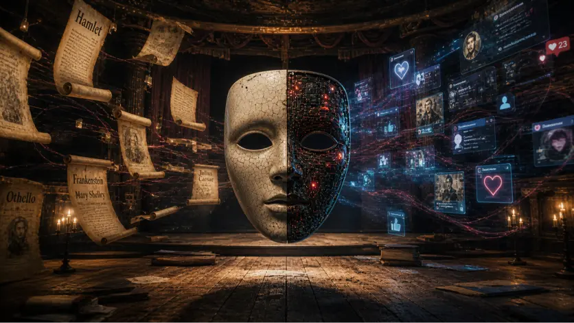 A widescreen, photorealistic cinematic image set inside an antique wooden theater with a 16:9 aspect ratio. The scene is composed with strong central symmetry, drawing attention to a large, floating theatrical mask positioned at the exact center of the stage. The mask is split vertically into two distinct halves, each representing a different era and conceptual framework.

The left half of the mask is crafted from aged white porcelain, slightly cracked and textured, evoking the traditional masks of classical theater. Its surface is matte and worn, with subtle imperfections that suggest time, history, and repeated use. This side conveys stillness, restraint, and the enduring aesthetic of classical performance. Soft, warm lighting falls across it, enhancing its sculptural quality and emphasizing its connection to the past.

In stark contrast, the right half of the mask is composed of an intricate network of dark metallic circuitry. Tiny pathways, micro-components, and embedded nodes are visible across its surface, illuminated by glowing red and orange lights that pulse faintly, suggesting activity and computation. This side appears alive, dynamic, and slightly unstable, symbolizing modern technological systems, digital identities, and algorithmic processes. The lighting here is colder and more artificial, with sharper highlights and deeper shadows.

Surrounding the mask, suspended mid-air, are numerous parchment scrolls and fragments of aged paper on the left side. These scrolls contain faintly visible text and illustrations, referencing classical literature and historical documents. They appear to float gently, as if caught in a slow, invisible current, reinforcing the sense of time preserved in suspension.

On the right side of the composition, the visual environment shifts dramatically. Holographic digital interfaces hover in the air, including translucent screens displaying profile images, heart icons, message bubbles, and social media-style notifications. These elements are semi-transparent, glowing in cool blue and neon tones, and are connected by thin streams of light that resemble data flows or neural pathways. The interfaces vary in size and depth, creating a layered, three-dimensional effect that extends into the background.

The theater itself features a wooden stage floor with visible grain, scratches, and signs of age. Scattered books and loose papers lie near the edges, partially illuminated by the ambient lighting. In the background, heavy velvet curtains frame the scene, and dim candlelight or low stage lighting adds to the moody, dramatic atmosphere. Shadows are deep and carefully placed, enhancing the sense of depth and theatricality.

The overall composition conveys a symbolic fusion of classical narrative structures and modern digital systems. The juxtaposition of materials, lighting, and floating elements creates a visual tension between permanence and transformation, suggesting that the mechanisms of storytelling, identity, and influence persist across time, even as their forms evolve.

