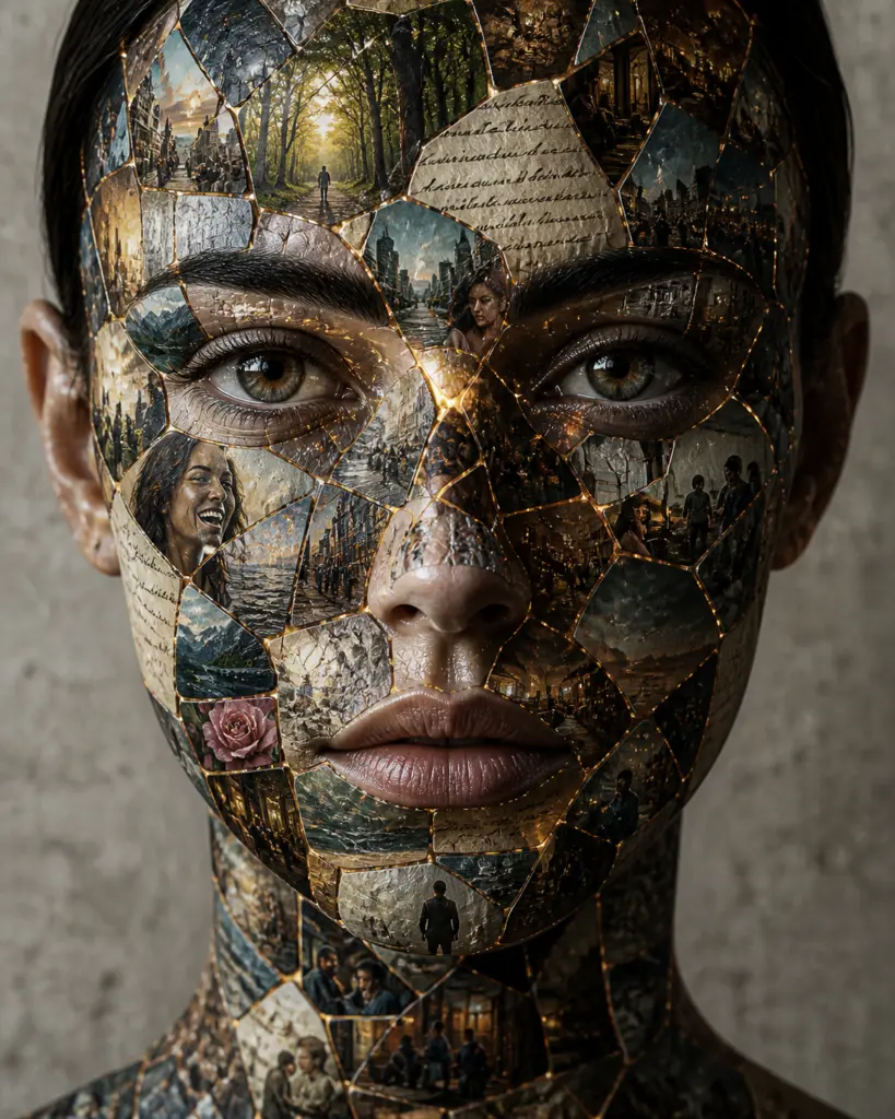 A wide 16:4 cinematic composition featuring a close-up human face constructed from intricate mosaic fragments, each piece depicting a distinct scene such as a forest path, an urban street, handwritten letters, emotional expressions, and intimate human moments. The fragments are fused together with thin glowing golden seams, creating a cracked yet unified surface. The subject’s eyes are sharply in focus, gazing directly forward with a contemplative and introspective expression. The lighting is soft and dramatic, highlighting texture and depth, while the background remains minimal and neutral, emphasizing the complexity of the face as a visual metaphor for multiple perspectives, memory, and layered identity.
