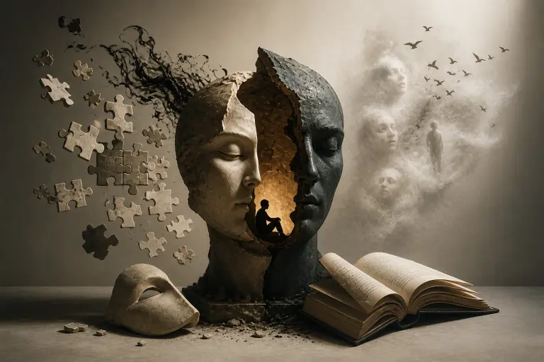 A surreal, highly detailed still-life composition centered on a sculptural human head split vertically into two contrasting halves, resting on a neutral surface against a soft, muted background. The left half appears pale and stone-like, textured with cracks and erosion, while the right half is darker, smoother, and more intact, creating a visual contrast between fragility and solidity. The head is partially hollowed out, exposing a glowing interior cavity that emits a warm, amber light. Inside this cavity, a small silhouetted human figure sits in a contemplative posture, knees drawn inward, suggesting deep introspection or immersion within their own thoughts.

From the left side of the head, numerous puzzle pieces appear to detach and float outward into space, symbolizing fragmentation, uncertainty, and the process of assembling meaning. These pieces vary in size and orientation, some closer to the head and others drifting farther away, reinforcing a sense of disintegration and cognitive complexity. Above and slightly behind the head, dark, smoke-like tendrils rise and twist, adding a sense of instability and fluidity, as if thoughts themselves are dissolving or reforming.

On the right side of the composition, a cluster of ethereal, semi-transparent human faces emerges from a cloud-like formation, each face softly illuminated and oriented in slightly different directions. These faces appear layered and overlapping, suggesting multiple perspectives, internal voices, or shifting identities within the same consciousness. Interspersed among these forms are small silhouettes of birds in flight, moving upward and outward, contributing to a sense of transition, escape, or transformation.

In the foreground, positioned to the right of the head, lies an open book with visible pages gently curved, its presence grounding the otherwise surreal imagery in the act of reading or storytelling. The book’s pages are unmarked from this distance but rendered with realistic texture and depth, symbolizing narrative as a medium through which inner experience is explored and externalized. Nearby, a detached fragment resembling a mask or broken facial piece rests on the surface, reinforcing themes of identity, perception, and the separation between outward appearance and inner reality.

The overall lighting is soft yet directional, with warm highlights emanating from within the head contrasting against cooler, neutral tones in the surrounding space. The composition blends realism with surreal symbolism, visually representing psychological depth, fragmented perception, and the immersive, interpretive nature of narrative experience.

