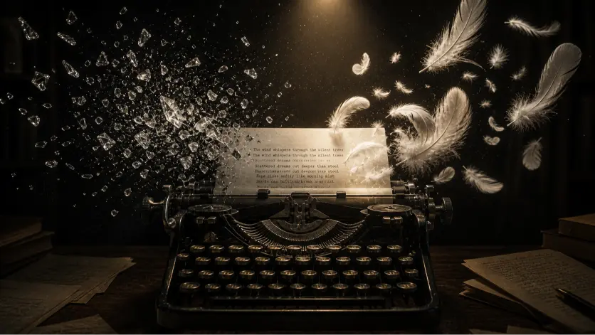 A high-resolution cinematic image of an antique typewriter placed in a dark, atmospheric room under a focused spotlight. As the keys strike the paper, different physical textures emerge into the air: on one side, sharp glass shards burst outward, representing harsh, percussive sounds; on the other, soft, floating feathers drift gently upward, symbolizing smooth, sibilant tones. The paper in the typewriter shows faint typed text, while surrounding elements fade into shadow, emphasizing the contrast between aggressive and delicate sonic textures visualized as tangible forms.