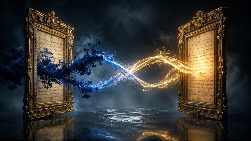 Two ornate golden frames facing each other in a dark misty space, with blue ink flowing from one frame and golden light returning from the other, crossing in the center to form a luminous X-shaped pattern symbolizing rhetorical symmetry and chiasmus.