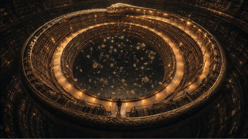 A surreal conceptual illustration of a vast circular library whose towering bookshelves curve into a perfect Ouroboros shape, forming an infinite ring around a dark central void filled with floating pages and scattered manuscripts. A solitary figure walks along the softly illuminated golden pathway between the shelves, surrounded by warm cinematic lighting and deep shadows. The scene symbolizes circular narrative structure, repetition, recurrence, and the endless search for truth within layered storytelling systems.