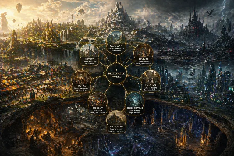 A highly detailed cinematic panoramic fantasy illustration representing the full architecture of immersive worldbuilding across multiple interconnected fictional environments. The image presents a vast cross-sectional landscape where different regions, civilizations, climates, and systems coexist as parts of one internally coherent world, emphasizing that believable worldbuilding depends on relationships between geography, history, culture, power, and consequence rather than isolated visual spectacle. At the center of the composition rises a monumental mountain kingdom crowned by an enormous ancient citadel built into the cliffs, serving as the symbolic heart of the world. Massive stone architecture, bridges, towers, and fortified walls suggest centuries of political authority, inherited power, and institutional continuity. Surrounding the mountain are visible roads, settlements, and trade routes, reinforcing the idea that geography directly shapes movement, economy, and conflict. To the upper left, a bright flourishing kingdom stretches across fertile green valleys under warm golden sunlight. Floating islands hang in the sky above castles and prosperous cities, while waterfalls descend from elevated cliffs into rivers feeding the lower settlements. This region symbolizes abundance, social stability, and the relationship between landscape and civilization. The architecture feels orderly and historically layered, suggesting a society shaped by long continuity rather than decorative fantasy. In the lower left foreground, a crowded market city filled with tents, streets, merchants, workers, and ordinary public life emphasizes that believable worlds depend on lived experience rather than royal spectacle alone. People gather in trade spaces, fires burn near communal areas, and layered urban density reflects labor, economy, and social hierarchy. This area visually communicates how ordinary routines create stronger immersion than abstract lore. At the bottom center, subterranean ruins and underground chambers open beneath the visible world, showing forgotten civilizations, broken monuments, and remnants of previous eras. This section represents historical depth, inherited memory, and the idea that worlds feel real when the past remains structurally present beneath the current order. Ancient statues, ritual spaces, and collapsed stone architecture suggest that present societies are built on buried histories rather than blank foundations. On the lower right, sacred underground halls and temple ruins illuminated by firelight symbolize belief systems, ritual continuity, and the invisible power of religion and cultural memory in shaping fictional societies. The carved stone structures imply traditions older than the current political order, reinforcing the relationship between belief and institutional authority. To the right side of the composition, a vast futuristic city rises under a darker blue atmosphere, filled with towering skyscrapers, advanced architecture, glowing streets, and dense urban networks. This area contrasts with the medieval and mythic regions while remaining structurally connected, showing how worldbuilding principles apply equally to science fiction and speculative urban design. The city suggests surveillance, technological systems, and social organization shaped by infrastructure rather than fantasy aesthetics. In the upper right, a dark volcanic wasteland dominated by a black fortress under storm clouds and lightning represents regions shaped by violence, fear, scarcity, and authoritarian power. Jagged terrain, ash-covered plains, and hostile architecture create a visual language of oppression and instability, showing how political systems must leave material traces in the environment itself. Flying creatures and storm-lit skies intensify the sense of danger and systemic imbalance. Across the entire composition, the contrast between light and darkness, prosperity and ruin, order and collapse reflects the central principle of narrative worldbuilding: environments must behave as systems of consequence rather than decorative backdrops. Roads, borders, ruins, marketplaces, monuments, and architecture all reveal invisible structures of power, memory, and social behavior. The image symbolizes that strong fictional worlds are remembered not because they are infinitely explained, but because they feel as though they would continue existing beyond the page, carrying their own histories, contradictions, and internal logic whether or not the reader is watching.