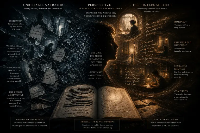 A dark, cinematic conceptual illustration divided into two contrasting halves, centered around the side profile of a human face. The left side represents the unreliable narrator, rendered in cold blue tones with shattered glass textures, fragmented reflections, and overlapping scenes that appear distorted and incomplete. Within these fractured surfaces, multiple versions of events unfold inconsistently—figures repeat in altered forms, environments shift subtly, and handwritten notes suggest conflicting memories and omissions. The composition conveys psychological instability, trauma, and the impossibility of accessing a single objective truth.
The right side represents deep internal focus, illuminated in warm amber light, where the interior of the mind is depicted as a continuous, immersive space. Scenes flow seamlessly into one another: a person writing at a desk, quiet streets at night, and intimate domestic interiors, all interconnected without clear boundaries. Text appears integrated into the environment, blending narration with thought, symbolizing free indirect discourse and the merging of voices. The transitions are fluid rather than fragmented, creating a sense of closeness and immediacy.
At the bottom center, an open book anchors the composition, its pages partially obscured and marked, reinforcing the idea that narrative is constructed rather than transparent. Subtle visual elements—such as dissolving edges, layered imagery, and contrasting lighting—emphasize the tension between distortion and intimacy. The overall scene communicates how narrative perspective shapes perception, turning storytelling into an experience of navigating consciousness itself rather than observing an external reality.
