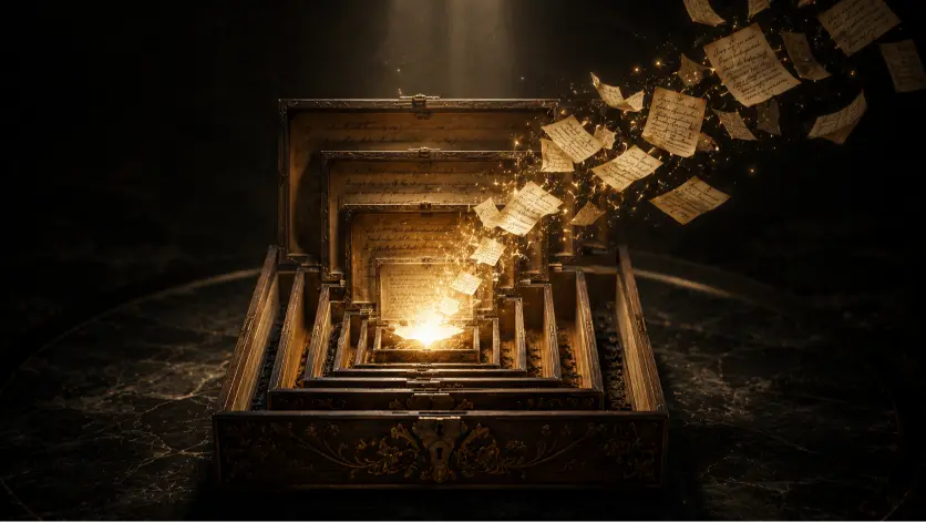 A cinematic conceptual illustration showing a series of ornate antique wooden boxes nested inside one another on a dark reflective surface under a single spotlight. Each box is slightly open, revealing a smaller box within, while a brilliant golden light bursts from the center. Floating handwritten pages and glowing letters spiral upward through the darkness, symbolizing layered narration, fragmented truth, and the increasing distance between reality and perception in complex storytelling structures.