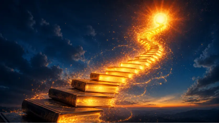 A cinematic conceptual image showing a spiral staircase formed by floating glowing books ascending through a deep blue twilight sky toward a radiant sun-like orb. As the staircase rises, the books emit increasingly intense golden sparks and streams of energy, symbolizing rhetorical escalation, emotional crescendo, and the gradual amplification of persuasive force through structured progression.