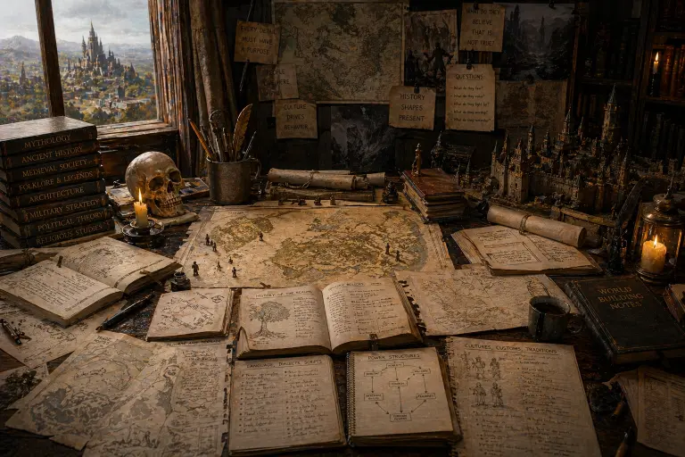 A highly detailed ultra-realistic cinematic illustration of a fantasy worldbuilding studio designed to represent the construction of immersive fictional environments. At the center of the image is a large dark wooden desk overflowing with hand-drawn maps, architectural blueprints, fictional city layouts, historical notes, scrolls, notebooks, and open reference books, creating the atmosphere of a writer, cartographer, and historian working simultaneously to build a believable narrative world. The room is illuminated by warm candlelight and soft golden window light, giving the entire composition a rich, atmospheric feeling of intellectual depth, memory, and old-world craftsmanship. In the middle of the desk lies a massive illustrated world map showing continents, coastlines, mountain ranges, kingdoms, roads, and political borders, suggesting the geographical foundation of a fictional civilization. Small figurines placed across the map symbolize kingdoms, armies, and centers of power, visually connecting geography to political consequence. Surrounding the central map are numerous open journals filled with handwritten notes and sketches detailing fictional history, dynastic records, family trees, political hierarchies, language systems, and cultural rituals, emphasizing that worldbuilding depends on interconnected systems rather than isolated decoration. One notebook contains diagrams of power structures, while another displays language families, dialect systems, and symbolic alphabets, reinforcing the role of social organization and linguistic architecture in creating believable fictional societies. Another set of pages shows cultural traditions, ceremonial clothing, and religious customs, reflecting how ordinary rituals create immersion more effectively than exposition alone. On the left side of the desk, a tall stack of hardcover books labeled mythology, ancient history, medieval society, folklore and legends, architecture, military strategy, political theory, and religious studies demonstrates the real-world foundations often used to construct fictional settings with internal logic and historical weight. Nearby, an old human skull rests beside a candle, symbolizing mortality, inherited memory, and the persistence of history beneath civilization. Several quill pens, ink bottles, and drafting tools are scattered across the table, reinforcing the handcrafted process of narrative design. On the right side of the room stands a large miniature castle model with towers, walls, bridges, and fortified gates, representing the physical architecture of a fictional kingdom and the visible expression of social hierarchy and political power. Behind the desk, the walls are covered with pinned maps, rough sketches of mountains and ruined cities, landscape references, and visual notes asking structural questions about the world rather than decorative ones. Through a large stone-framed window on the left, a distant fantasy kingdom can be seen beyond the mountains—a sprawling medieval city with a grand castle rising at its center—suggesting that the imagined world extends beyond the workspace and continues to exist independently of the story being written. The contrast between the carefully planned desk and the living kingdom outside symbolizes the relationship between design and immersion: the world on the page must feel as though it survives beyond the reader’s view. The overall composition conveys seriousness, complexity, and the idea that strong worldbuilding is created through consequence, continuity, and invisible structure rather than superficial detail, making the fictional environment feel inevitable rather than invented.