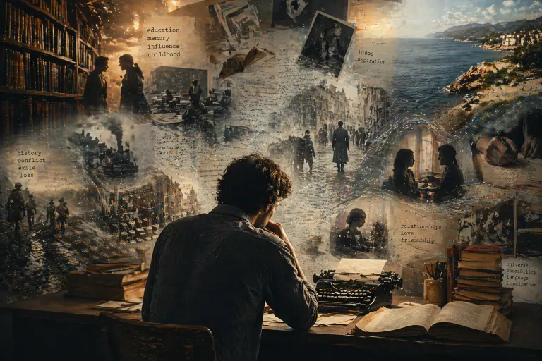 A highly detailed cinematic and surreal composition showing a writer seated at a wooden desk, viewed from behind, deeply immersed in thought while facing a typewriter and open books. Around him, the space transforms into a layered collage of memory, history, and imagination, visually representing the invisible forces that shape literary creation. Floating around the writer are fragmented scenes of life experiences, including classrooms, libraries, old city streets, personal relationships, historical conflict, migration, handwritten letters, vintage photographs, and symbolic landscapes such as coastlines and distant towns. Words like education, memory, influence, childhood, exile, loss, relationships, imagination, and history appear integrated into the visual environment, reinforcing the connection between biography and artistic production. The atmosphere is warm, dramatic, and introspective, with soft golden light and textured overlays creating a sense of reflection, intellectual depth, and emotional complexity. The image symbolizes how a writer’s personal life, cultural context, and historical surroundings continue to shape the themes and structures of literature.