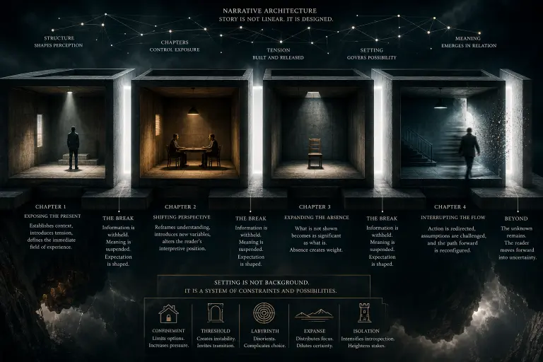 A wide, ultra-realistic cinematic illustration representing narrative structure as a suspended architectural system in a dark, atmospheric void. The composition features a series of large, cube-like concrete chambers aligned horizontally, each functioning as a self-contained “chapter.” These chambers are separated by vertical bands of intense white light, which act as impassable structural divisions rather than doorways, symbolizing chapter breaks and the controlled withholding of information. Inside each chamber, distinct scenes unfold: in the first, a solitary figure stands facing a wall under a focused overhead light, evoking isolation and contained tension; in the second, two individuals sit across from each other at a table, frozen mid-conversation, suggesting perspective and relational conflict; in the third, an empty room contains only a single chair at its center, representing absence and withheld narrative content; in the fourth, a blurred figure moves toward a staircase, partially dissolving into motion, indicating interruption and disrupted continuity. Above the chambers, a delicate network of glowing lines and nodes spans across the composition, forming a conceptual grid that suggests invisible narrative control and structural design. Below, the entire sequence of chambers floats over a deep abyss, reinforcing the sense of constructed reality and spatial constraint. Subtle text annotations and diagrammatic elements are integrated into the scene, reinforcing its infographic-like quality while maintaining cinematic realism. The lighting varies across chambers, with shifts in tone and intensity reflecting changes in narrative perspective and emotional state. The image as a whole visualizes how chapters segment experience, how meaning is shaped through separation and transition, and how setting functions as a system of constraints that governs narrative possibility rather than serving as passive background.