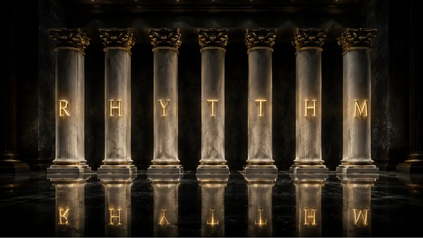 A cinematic conceptual image showing a vast dark hall lined with perfectly symmetrical white marble pillars, each engraved with a glowing golden letter. The polished black floor reflects the columns with near-perfect precision, creating a mirrored visual rhythm that symbolizes rhetorical symmetry, authority, balance, and the persuasive power of structured language.