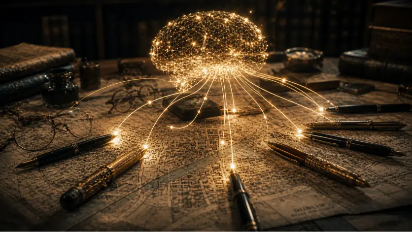 A high-quality conceptual widescreen image showing a vintage map of a 20th-century city spread across a wooden surface. Arranged on top of the map are several antique fountain pens and round spectacles, carefully placed in a circular composition. From the tip of each pen, thin glowing threads of warm golden light extend upward and inward, converging into a luminous, brain-shaped constellation suspended in the air above the map. The glowing network is intricate and detailed, resembling neural connections or a web of ideas. The scene is softly lit with a shallow depth of field, creating a cinematic and intellectual atmosphere, symbolizing the interconnected nature of creativity, collaboration, and thought across time.