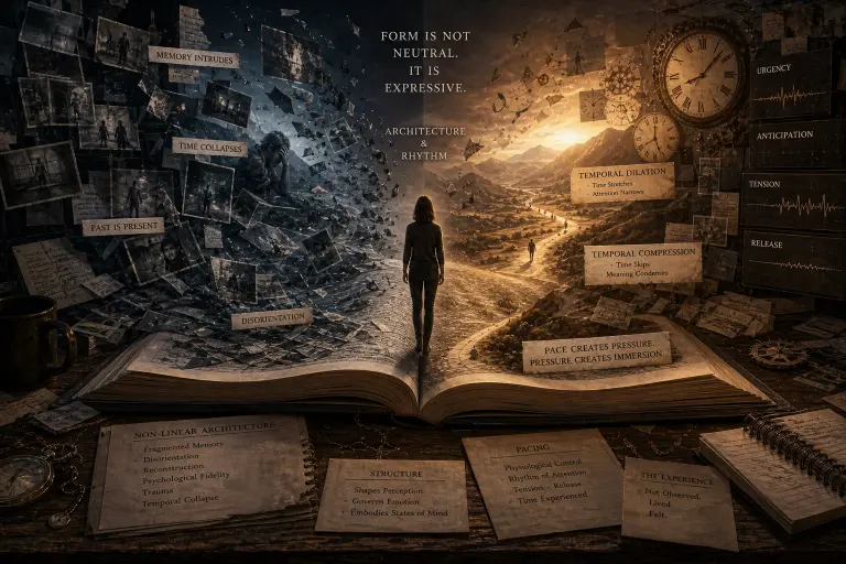 An ultra-realistic, cinematic conceptual illustration representing the expressive power of narrative structure and pacing in contemporary fiction. At the center, an open book rests on a wooden desk, its pages transforming into a divided landscape that visually embodies two core narrative strategies: non-linear architecture and controlled pacing. A solitary figure walks forward along a path that emerges from the book’s spine, positioned between two contrasting environments that symbolize different ways of experiencing time and memory.

On the left side, the scene is dark, chaotic, and fragmented, representing non-linear narrative and traumatic memory. Torn photographs, handwritten notes, and fragments of text float in the air, suspended in disarray. Black-and-white images of past events appear layered and overlapping, suggesting intrusion rather than recollection. The terrain itself seems unstable, composed of broken paper, scattered manuscripts, and disintegrating surfaces. Labels such as “memory intrudes,” “time collapses,” and “past is present” appear integrated into the environment, reinforcing the idea that chronology has broken down. The figure on this side appears overwhelmed, partially obscured by swirling fragments, evoking disorientation and psychological instability.

On the right side, the environment shifts into a warm, golden-toned landscape representing pacing and temporal control. A winding road stretches into the distance under a clear sky, symbolizing forward movement and structured progression. Large clocks float in the air, some intact and others breaking apart, visually representing temporal dilation and compression. Subtle graphical elements resembling heartbeats or waveforms appear along the side, labeled with emotional states such as “urgency,” “anticipation,” “tension,” and “release,” indicating how pacing manipulates the reader’s internal rhythm. The terrain here is stable and continuous, contrasting sharply with the fragmentation of the left side.

Above the central divide, a textual statement reads “Form is not neutral. It is expressive,” anchoring the conceptual theme of the image. Additional notes and diagrams are scattered across the desk in the foreground, labeled with concepts such as “non-linear architecture,” “structure shapes perception,” and “pacing as physiological control,” suggesting analytical reflection on narrative design. The lighting transitions from cold, shadowy tones on the left to warm, luminous light on the right, visually reinforcing the contrast between disorientation and controlled experience. The overall composition is highly detailed, symbolically rich, and intellectually grounded, illustrating how narrative form does not simply organize events but actively shapes how time, memory, and emotion are experienced by the reader.