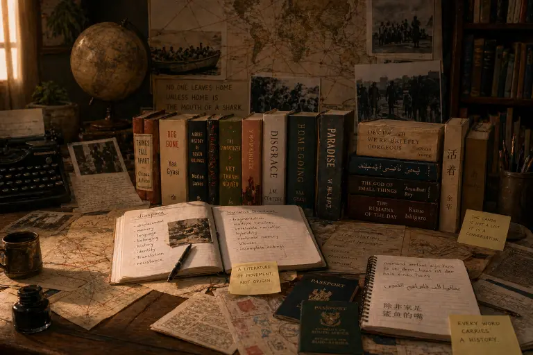An ultra-realistic, cinematic literary workspace representing contemporary diaspora fiction and the global transformation of narrative authority. A large wooden desk is densely covered with open notebooks, handwritten notes, annotated manuscripts, and scattered documents, all suggesting an ongoing process of intellectual and creative work. At the center, an open notebook displays carefully written reflections on diaspora, listing themes such as displacement, memory, language, belonging, history, identity, translation, and resistance. Nearby, another notebook outlines narrative structures, referencing fragmented timelines, multiple perspectives, nonlinear narration, hybrid forms, silence, and incomplete endings, visually emphasizing the structural innovations of contemporary global fiction.

Surrounding the notebooks is a carefully arranged row of modern literary works by internationally recognized authors, symbolizing the shift of literary authority beyond traditional Western centers. Behind the desk, a large world map is pinned to the wall, marked with intersecting lines and routes that trace migration paths across continents, visually reinforcing themes of exile, movement, and global interconnection. Black-and-white historical photographs are pinned alongside the map, depicting groups of people, travel, and displacement, adding a documentary layer of memory and historical context.

A vintage globe sits to the side, reinforcing the global scope of the scene, while a typewriter and loose handwritten letters suggest both historical continuity and personal testimony. On the desk, passports from different countries, multilingual documents, and handwritten pages in multiple scripts highlight the role of language, translation, and cultural hybridity in shaping identity and narrative form. Sticky notes scattered throughout the scene contain reflective phrases such as “a literature of movement, not origin” and “every word carries a history,” emphasizing the philosophical core of diaspora writing.

The lighting is warm and directional, casting soft shadows across the desk and illuminating the textures of paper, ink, and worn book covers, creating an atmosphere of serious reflection and scholarly intensity. The overall composition is rich, layered, and grounded in realism, visually expressing how contemporary fiction is no longer centered in a single cultural tradition, but instead emerges from displacement, translation, and the continuous rewriting of literary history through global voices.