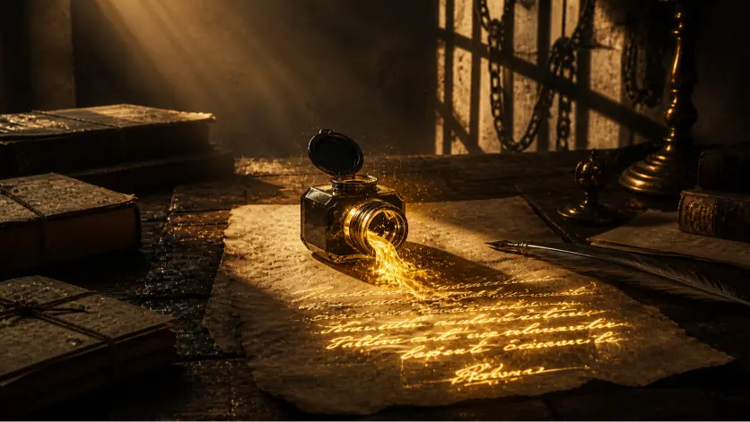 A cinematic widescreen image of a vintage wooden writing desk set in a dimly lit room. At the center, an antique glass inkwell lies open and tilted, spilling a glowing liquid gold substance onto a textured parchment. The luminous gold spreads across the page, forming elegant handwritten lines that emit a soft, radiant light. Surrounding the desk are aged books and a feather quill, adding to the historical atmosphere. In the background, shadows resembling prison bars or hanging chains are cast onto the wall, contrasting with a warm, divine beam of light illuminating the desk from above. The scene is highly detailed and moody, symbolizing the transformation of struggle, constraint, and creative pressure into meaningful artistic expression.