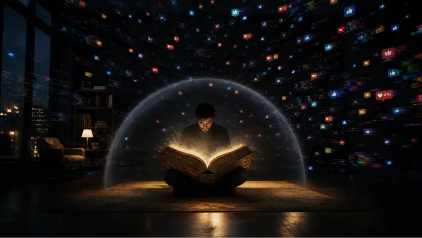 A wide-angle, photorealistic cinematic scene set in a dark, spacious, minimalist room at night. At the center of the composition, a young man sits cross-legged on the floor, positioned symmetrically within the frame. He is deeply focused on a massive, ancient-looking book resting open on his lap. The book emits a warm, golden light that illuminates his face, hands, and the immediate area around him, creating a strong contrast against the surrounding darkness.

The light radiating from the book forms a semi-transparent, dome-like barrier or protective sphere around him, suggesting a sense of calm, concentration, and isolation. Inside this sphere, the atmosphere is serene and undisturbed. The man’s posture is relaxed yet attentive, with his head slightly tilted downward and his gaze fixed on the glowing pages, conveying immersion and intellectual engagement.

Outside the protective sphere, the environment transforms dramatically into visual chaos. Hundreds of small, colorful digital elements—resembling social media notifications, like icons, hearts, message bubbles, and fragmented interface symbols—float and swirl through the air. These elements appear glitchy and distorted, with streaks of RGB color separation and digital noise, giving the impression of a malfunctioning or overwhelming digital ecosystem.

The contrast between the warm, stable light inside the sphere and the cold, frenetic motion outside emphasizes a thematic opposition between deep focus and constant distraction. In the background, faint details of a modern interior are visible, including a bookshelf, a chair, and a softly lit lamp near a window revealing a distant nighttime cityscape. These elements are subdued and partially obscured by darkness, reinforcing the central visual narrative.

Overall, the image conveys a symbolic representation of cognitive isolation in the digital age, where reading and sustained attention act as a shield against the relentless influx of information and stimuli.

