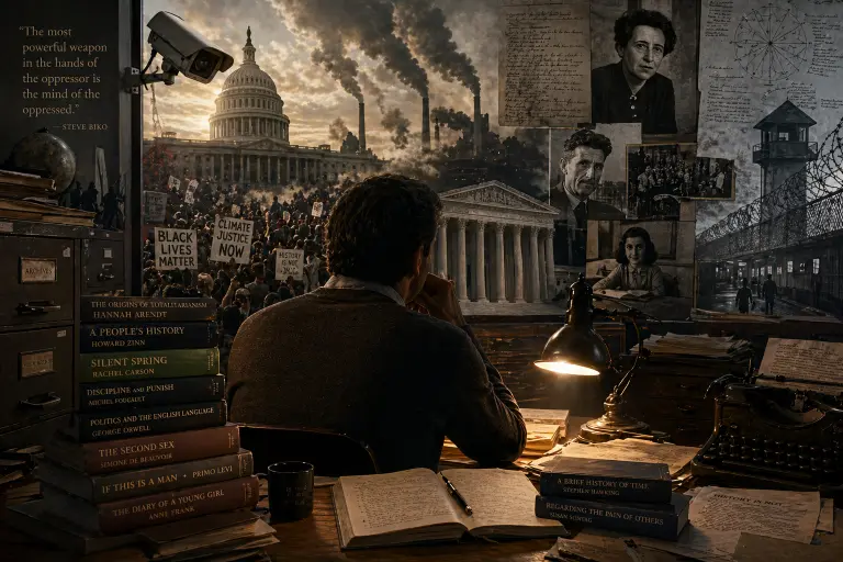 An ultra-realistic cinematic study scene representing the social and intellectual themes of influential non-fiction books that shaped public thought. In the center, a solitary figure sits at a large wooden desk under warm lamplight, viewed from behind in a contemplative posture, surrounded by handwritten notes, archival documents, a typewriter, and research papers. Beyond the desk, the scene expands into a layered visual landscape of political institutions and historical tension: a grand government capitol building rises beneath a dramatic sky filled with industrial smoke from factory chimneys, symbolizing state power and environmental crisis. Large public protests fill the streets below, with crowds holding signs demanding justice, equality, and climate action, representing collective resistance and historical change. A courthouse with classical columns stands nearby, reinforcing themes of law, authority, and institutional control. Surveillance cameras and prison fences with barbed wire appear at the edges of the composition, evoking Michel Foucault’s ideas of discipline, observation, and normalized power. Historical photographs and portraits on the walls reference thinkers and witnesses such as Hannah Arendt, George Orwell, Anne Frank, and Primo Levi, symbolizing memory, testimony, and moral responsibility. Filing cabinets labeled as archives and preserved records reinforce the importance of documentation and historical narrative. The overall atmosphere is serious, reflective, and intellectually intense, visually expressing how major works of non-fiction reshape political vocabulary, public ethics, and the way societies interpret history itself.