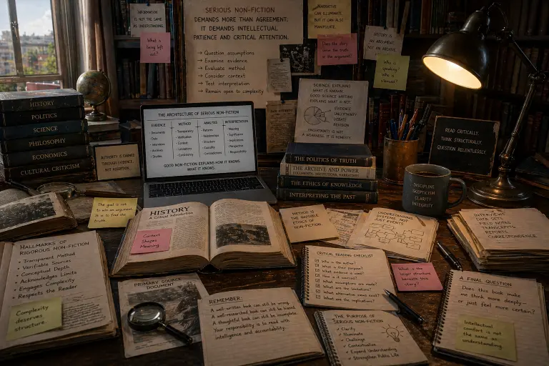 A highly detailed cinematic academic workspace dedicated to the critical reading and evaluation of serious non-fiction literature. At the center of the image is a large dark wooden desk filled with research-based books, annotated notebooks, archival documents, handwritten notes, primary source materials, magnifying glasses, academic papers, and a laptop displaying a structured diagram titled “The Architecture of Serious Non-Fiction.” The entire composition creates the atmosphere of rigorous intellectual investigation rather than casual reading, emphasizing method, evidence, and analytical discipline. On the left side of the desk, a tall stack of hardcover books labeled History, Politics, Science, Philosophy, Economics, and Cultural Criticism represents the major fields of research-based nonfiction. Nearby, a framed note reads “Authority is earned through evidence, not assertion,” reinforcing the ethical foundation of scholarly writing. An open historical reference book titled “History: A Critical Introduction” lies in the center of the desk beside sticky notes reading “Context shapes meaning” and “Primary Source Document,” highlighting the importance of interpretation rather than simple fact collection. A magnifying glass placed over old documents symbolizes close reading, verification, and source criticism. In the middle of the workspace, a laptop screen presents a structured analytical chart dividing nonfiction into Evidence, Method, Analysis, and Interpretation, with subtopics such as documents, archives, transparency, patterns, contradictions, and responsibility, visually representing how serious nonfiction builds authority. Around the desk are multiple handwritten notebooks and checklist pages, including one labeled “Critical Reading Checklist” with questions such as “Who is the author?”, “What evidence is used?”, “How is it sourced?”, “What assumptions are made?”, and “What are the implications?”, encouraging active critical engagement rather than passive trust. Another page asks the final reflective question: “Does this book make me think more deeply—or just feel more certain?”, directly addressing the difference between intellectual rigor and rhetorical persuasion. On the wall behind the desk, large pinned notes display key principles such as “Serious Non-Fiction Demands More Than Agreement. It Demands Intellectual Patience and Critical Attention,” alongside reminders to question assumptions, examine evidence, evaluate method, consider context, and remain open to complexity. Additional notes state “History is an argument, not an archive,” “Narrative can illuminate, but it can also manipulate,” and “Science explains what is known; good science writing explains what is not,” representing the major themes of critical nonfiction analysis across disciplines. On the right side, stacks of books titled The Politics of Truth, The Archive and Power, The Ethics of Knowledge, and Interpreting the Past reinforce themes of epistemology, interpretation, and intellectual responsibility. A framed sign reads “Read Critically. Think Structurally. Question Relentlessly,” while a coffee mug beside it carries the words Discipline, Skepticism, Clarity, and Integrity, symbolizing the mindset required for serious reading. Warm focused light from a large brass desk lamp illuminates the entire scene, while daylight enters softly through the nearby window, balancing scholarly intensity with reflective calm. The overall image conveys depth, precision, and the idea that the strongest non-fiction is not defined by certainty, but by the transparent structure of how knowledge is researched, organized, and responsibly presented.