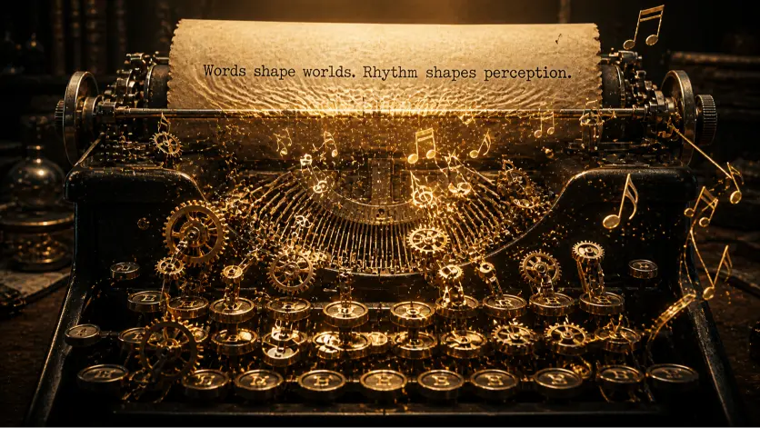 A cinematic, photorealistic close-up of a vintage typewriter in a dark, moody workshop setting. As the metal keys strike the paper, they transform into intricate golden clockwork gears and floating musical notes, glowing with warm light. The paper displays a sentence that appears to vibrate with energy, while tiny golden particles scatter through the air. The scene emphasizes the fusion of mechanical precision and artistic expression, symbolizing how language structure, rhythm, and sound shape perception and emotional response.