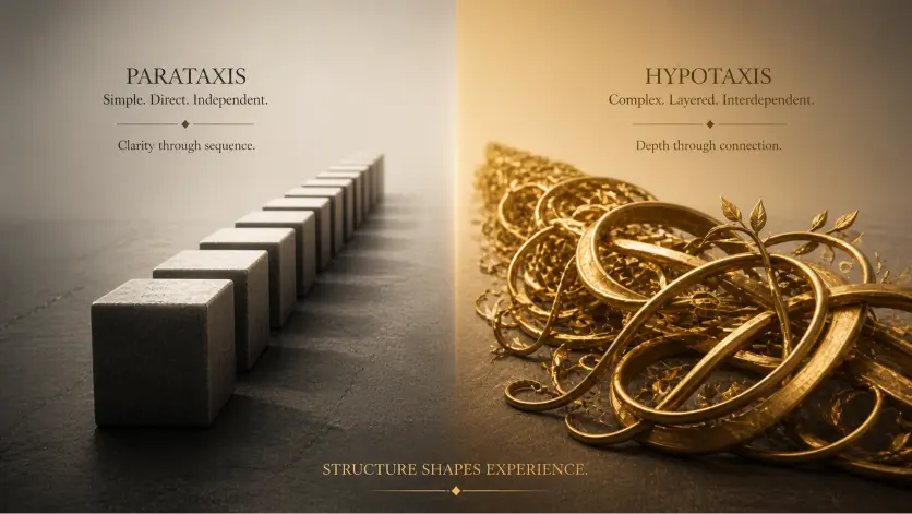 A high-resolution conceptual image split into two contrasting halves. On the left, a series of simple, solid stone blocks are aligned in a straight, evenly spaced sequence, symbolizing direct and independent sentence structures. On the right, intricate golden ribbons and vine-like forms twist and interweave into a complex, ornate knot, representing layered and interconnected syntax. The background is a minimalist studio setting with dramatic lighting that enhances texture and contrast, emphasizing the visual metaphor of structural differences in language and their impact on perception.