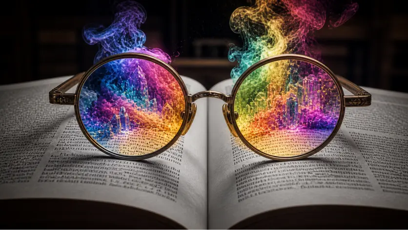 A cinematic, photorealistic widescreen image of antique round spectacles resting on an open book. The surrounding text on the page appears flat and grey, but through the lenses, the printed words transform into vivid, three-dimensional colorful smoke and crystalline structures rising into the air. The contrast highlights the lenses as a portal of perception, with sharp studio lighting emphasizing the intricate details of the glasses and the vibrant transformation within them, symbolizing how interpretation shapes meaning and cognitive experience.