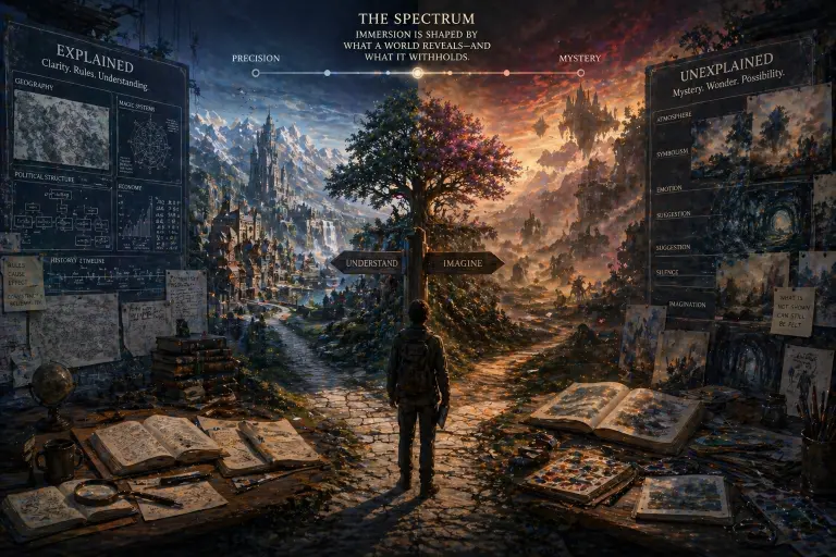 An ultra-realistic, cinematic fantasy composition depicting a symbolic crossroads between two contrasting approaches to worldbuilding: structured explanation and evocative mystery. At the center of the image, a solitary figure stands on a stone path at a fork in the road, viewed from behind, holding a notebook and facing a signpost with two directions labeled “Understand” and “Imagine.” The environment is divided into two distinct yet seamlessly blended worlds.
On the left side, the landscape is highly detailed and logically constructed, illuminated by cool, clear daylight. A vast medieval-inspired city stretches across the valley, with precisely arranged buildings, fortified walls, bridges, and a towering castle in the distance. Snow-capped mountains rise behind it, and waterfalls flow into a carefully structured river system. Surrounding this environment are large boards and pinned documents displaying maps, diagrams, magic system schematics, political hierarchies, economic charts, and linguistic structures. The ground near the viewer is covered with open books, measuring tools, and annotated manuscripts, emphasizing a methodical, system-based approach to worldbuilding where every element is explained and internally consistent.
On the right side, the environment transforms into a dreamlike and atmospheric landscape bathed in warm, golden light. Floating islands drift through the sky, distant castles appear partially obscured by mist, and the terrain feels organic and less defined. Instead of diagrams, the walls and surfaces display painterly sketches, symbolic illustrations, and abstract imagery that suggest rather than explain. Small figures move through the landscape in ambiguous ways, and the lighting creates a sense of depth and emotional resonance rather than clarity. Scattered art supplies, watercolor palettes, and open sketchbooks lie on the ground, reinforcing a creative process driven by intuition, mood, and suggestion.
Above the entire scene, a horizontal visual spectrum labeled “The Spectrum” connects the two sides, with markers indicating “Precision” on the left and “Mystery” on the right, and a glowing midpoint representing balance. Additional text phrases such as “Clarity, Rules, Understanding” and “Mystery, Wonder, Possibility” reinforce the conceptual contrast. The sky itself transitions from a cool, structured blue on the left to a dramatic, fiery sunset on the right, visually unifying the composition. The overall image is richly detailed and conceptually layered, representing how immersive fictional worlds are shaped not only by what is explained, but by what is intentionally left unknown.