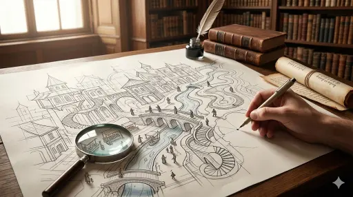 This image illustrates the idea that world-building is not just about the overall setting, but about the precision of details that uphold the narrative's internal logic. The magnifying glass over the market and the technical sketch reinforce the thesis that 'selected details suggest an entire structure behind them.