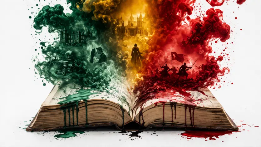 A photorealistic conceptual scene of an open antique book on a clean white background, with thick, fluid ink in emerald green, gold, and crimson bursting from its pages into the air. Each colored cloud contains detailed miniature scenes, including a romantic couple, grand architectural structures, and a battlefield, all rendered within the swirling ink. The colors are highly saturated and dynamic, with drips spilling over the edges of the book, symbolizing how recurring visual motifs in literature create layered emotional associations and guide reader perception.