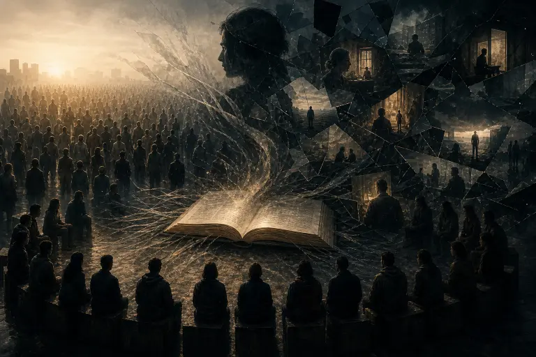 A cinematic, text-free illustration of collective narration: a glowing open book at the center radiates light as a circle of seated figures surrounds it, while a vast crowd extends into the distance on one side. On the other, fractured scenes and overlapping silhouettes depict multiple perspectives and fragmented realities, symbolizing the interplay between collective voice and individual perception in narrative structure.