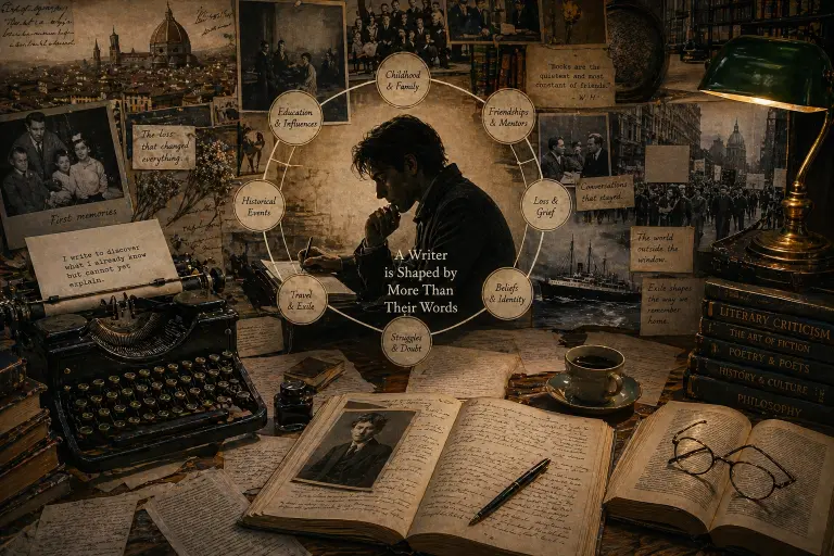 A highly detailed cinematic literary illustration representing the relationship between author biography and literary creation through a layered symbolic composition of memory, history, and writing. At the center of the image sits a solitary writer at a large antique wooden desk positioned near a tall window overlooking an old European-style city street lined with stone buildings, rain-washed sidewalks, and distant figures walking beneath soft evening light. The writer, dressed in simple dark clothing, leans forward in concentration while writing by hand on manuscript pages spread across the desk, creating an atmosphere of quiet intellectual intensity and personal reflection. The desk itself is covered with open notebooks, unfinished pages, fountain pens, sealed envelopes, personal letters, old photographs, reading glasses, and hardcover books stacked in uneven piles, symbolizing the accumulated layers of education, correspondence, and lived experience that shape literary work over time. A black-and-white framed portrait of an older writer stands prominently beside the papers, suggesting literary inheritance, influence across generations, and the enduring presence of intellectual mentors within a writer’s private life. Around the central writing space, the room expands into shelves filled with classic literature, philosophy, and history volumes, reinforcing the idea that no writer develops in isolation and that literary voice emerges within a long conversation of influence and resistance. Floating subtly in the surrounding atmosphere are translucent visual fragments of memory: scenes of childhood streets, train stations symbolizing migration and exile, wartime newspapers, distant crowds, family photographs, and blurred images of letters being opened and read. These layered symbolic elements do not function as literal flashbacks but as visual representations of how personal history persists beneath literary form, shaping structure, silence, recurring themes, and emotional tone. On one side of the composition, old newspapers and historical documents pinned to the wall suggest censorship, political pressure, and public events that enter literature not only as subject matter but as formal adaptation. Nearby, a partially packed suitcase and train ticket evoke displacement and exile, representing how movement across countries, languages, and identities can transform narrative voice and the experience of belonging. Warm golden desk lamp light contrasts with the cooler blue-gray tones of the city outside the window, creating a visual tension between private interior reflection and the larger public world beyond the room. This contrast symbolizes the central argument of literary biography: that writing exists between intimacy and history, between personal memory and collective circumstance. The scene also emphasizes the gap between the living person and the literary voice. The writer’s handwritten pages remain partially unreadable, suggesting that literature transforms lived experience rather than simply recording it. Personal reality becomes structure, metaphor, silence, and invented voice rather than transparent confession. Every object in the room—letters, books, photographs, archival papers, portraits, and unfinished manuscripts—contributes to the sense that literature begins long before the first sentence and continues far beyond the final page. The overall composition represents biography not as a simplistic key to interpretation, but as the invisible architecture beneath artistic creation, where education, loss, intellectual formation, reputation, and historical pressure remain present inside the finished work, even when they are never directly named.