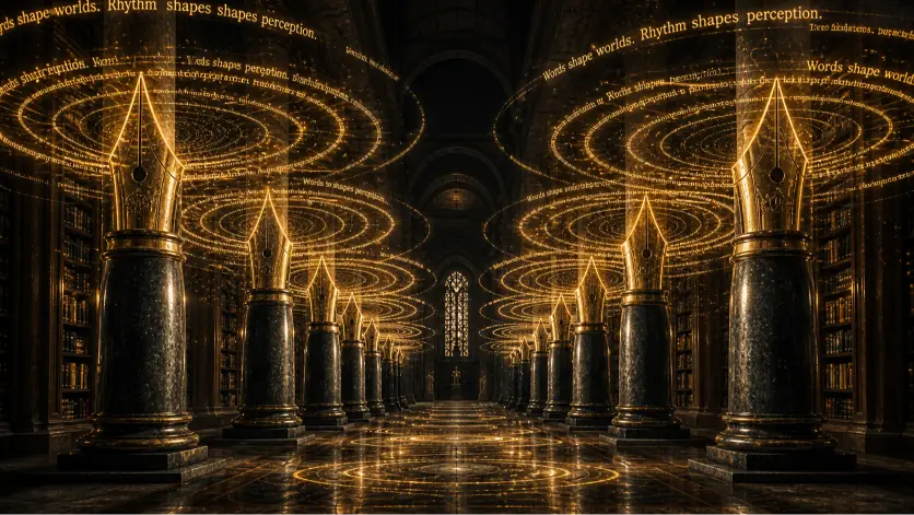 A cinematic 16:9 scene of a grand, dimly lit library hallway with towering stone pillars designed like giant fountain pen nibs. From each pillar, circular waves of glowing golden light expand outward, containing repeated luminous sentences arranged in hypnotic patterns. The polished floor reflects the light, and bookshelves line the sides, creating a symmetrical and immersive environment. The image symbolizes how repetition and rhythm in language function as structural forces that shape attention, perception, and emotional experience.