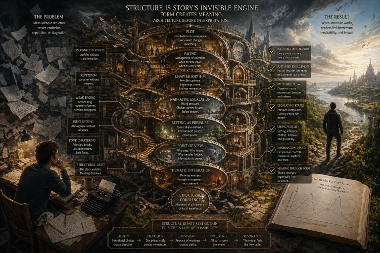 A highly detailed cinematic conceptual illustration representing structural critique and narrative architecture in literature. At the center of the image stands an enormous intricate mechanical structure resembling a vast literary “story engine,” built like a hybrid of a clockwork cathedral, spiral library, and architectural machine. Multiple circular levels, staircases, bridges, gears, chambers, and illuminated corridors connect together in a complex vertical system, symbolizing the hidden mechanics of storytelling. Each central layer visually represents a different structural element of fiction: plot as the distribution of consequence, pacing as the management of attention, chapter rhythm as invisible cadence, narrative escalation as rising pressure, setting as structural influence, point of view as the control of knowledge, thematic integration as meaning through arrangement, and structural coherence as the final unity of experience.

On the left side of the composition, a darker chaotic workspace shows a writer sitting at a desk surrounded by scattered manuscript pages, loose notes flying through the air, unfinished drafts, typewriter pages, and structural disorder. This section symbolizes weak narrative design—disconnected events, repetition without progress, weak pacing, poor chaptering, inert setting, and structural drift. The atmosphere is fragmented and unstable, reflecting stories that feel unfinished, slow, or dramatically empty despite surface activity.

On the right side, the composition opens into a luminous expansive landscape with a solitary reader standing on a stone path overlooking a vast fictional city stretching toward the horizon. Towers, bridges, rivers, and distant architecture create the impression of an immersive world shaped by coherent design. This side represents the result of successful structure: sustained engagement, escalating stakes, meaningful progression, immersive setting, rhythmic flow, and emotional inevitability. The reader stands facing the world as if entering the completed narrative itself.

At the bottom of the image, an open book with diagrams and rising progression lines reinforces the idea that literary structure governs how stories move and how readers experience tension and resolution. The overall atmosphere is intellectual, symbolic, and highly cinematic, emphasizing that literature succeeds not only through ideas or themes, but through the invisible architecture of arrangement, consequence, and formal precision.