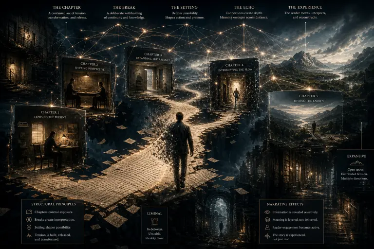 A surreal, cinematic illustration depicting narrative structure as a fragmented, immersive landscape. A lone figure walks along a glowing pathway made of scattered manuscript pages suspended over a vast, dark void. Around the path, multiple floating scenes represent different “chapters,” each frozen in time—such as a dimly lit room with two people in conversation, an empty interior space with a single chair, and a distant landscape with a solitary figure. These scenes are connected by a web of luminous lines above, resembling a neural network, symbolizing how meaning emerges through relationships between narrative segments. The environment shifts from confined architectural interiors to expansive natural vistas, illustrating how setting controls narrative possibilities. Between sections of the path, visible gaps and dissolving edges represent chapter breaks and withheld information. The central figure appears partially fragmented, blending into the environment, reinforcing the idea of reader immersion and participation. The overall atmosphere is dark, atmospheric, and highly detailed, with dramatic lighting, soft fog, and a balance between clarity and abstraction, visually expressing themes of non-linearity, pacing, perception, and the structural design of storytelling.