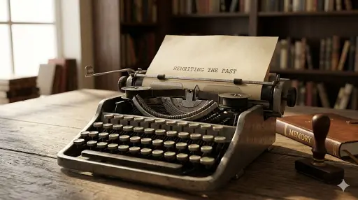 Close-up of a vintage manual typewriter and a wax seal stamp engraved with 'MEMORY' on a desk.
