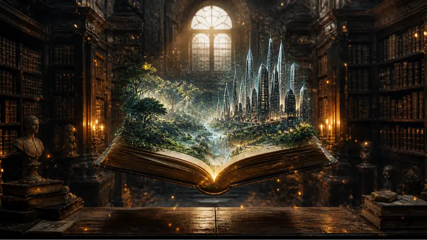A photorealistic widescreen scene set inside a dim, ancient library filled with towering wooden shelves packed with aged books. At the center, an antique book floats open in midair, glowing softly. Instead of traditional pages, a vivid holographic projection rises from it, forming a lush green forest on one side and a futuristic city skyline on the other, seamlessly blending nature and advanced architecture. Warm golden embers and dust particles drift through the air, illuminated by dynamic lighting that contrasts the dark, textured room with the bright, vibrant holographic scene. The atmosphere is cinematic and immersive, symbolizing the transformation of classical knowledge into evolving, multidimensional realities.