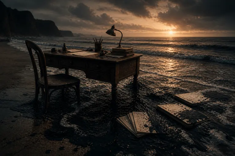 A cinematic twilight scene shows an empty vintage wooden writing desk placed directly on a quiet beach as the tide slowly rises. Instead of clear seawater, the incoming waves are composed of dark, fluid ink that glistens under dim, melancholic light. The ink flows around the desk’s legs and begins to soak a scattered stack of blank notebooks and loose pages resting on its surface. The sky is overcast with deep blue and gray tones, fading into the horizon, while soft reflections shimmer across the wet sand. No human figure is present, emphasizing solitude and absence. The composition conveys a conceptual and symbolic atmosphere in which storytelling, memory, and authorship merge with natural forces, suggesting that narrative itself is fluid, unstable, and continuously reshaped by external and internal pressures.