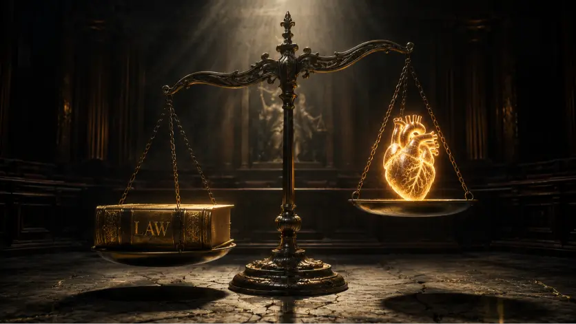 A conceptual cinematic illustration showing an antique scale of justice inside a dark courtroom, with a glowing human heart outweighing a heavy law book, symbolizing the conflict between ethical conscience and institutional authority in literature.