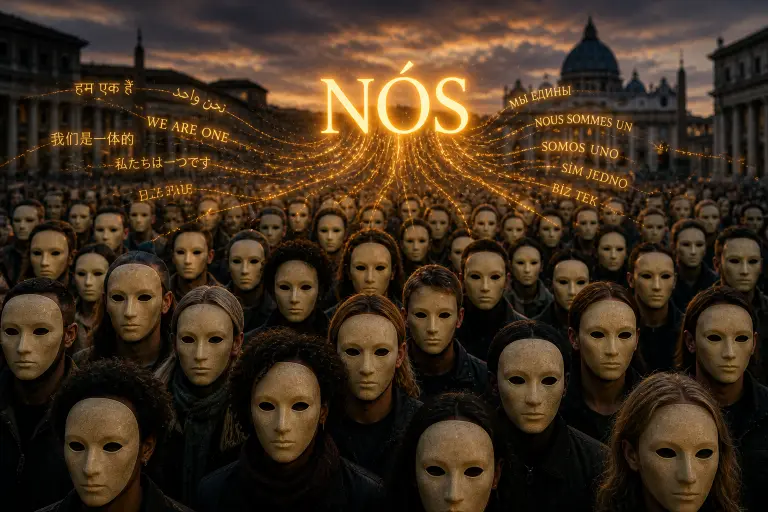 A cinematic, high-resolution scene shows a vast crowd of diverse individuals standing closely together in a classical city square at dusk. Every person is visible from the shoulders up and wears an identical, smooth, stone-colored mask with hollow eye openings, concealing all individual facial features and expressions. The crowd forms a dense, unified mass extending into the distance, creating a wave-like visual effect. Above their heads, glowing streams of delicate, golden text in multiple languages flow upward and inward, converging into a single large, radiant word: “NÓS.” The background features softly blurred historic architecture, including domes and stone buildings, under a dramatic sky with warm orange and deep blue tones. The lighting is cinematic, with strong contrasts between shadow and warm highlights, emphasizing the masks’ texture and the luminous text. The overall composition conveys themes of collective identity, shared voice, anonymity, and the merging of multiple perspectives into a singular narrative presence.