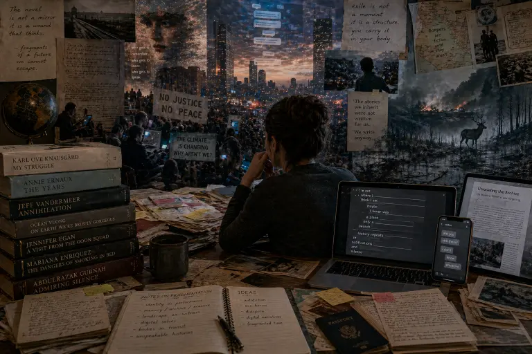 An ultra-realistic, cinematic composition representing the fragmented structure and thematic complexity of the contemporary novel in the twenty-first century. At the center, a young woman sits at a cluttered wooden desk in a dimly lit room, viewed from behind in a contemplative posture, her hand resting near her face as she looks outward into a layered, immersive environment that blends interior thought with external reality. The desk is covered with scattered handwritten notes, annotated manuscripts, loose papers, notebooks, sticky notes, and printed drafts, suggesting an ongoing process of writing and revision. A laptop and smartphone glow softly, displaying fragmented text, chat messages, and disjointed digital communication, evoking the influence of internet culture on narrative form and attention. To the left, a stack of contemporary novels by international authors signals autofiction, diaspora literature, and experimental narrative, while a globe and archival materials hint at global displacement and historical consciousness.

The background dissolves into a complex, multi-layered visual collage that merges different realities into a single continuous scene. A dense urban skyline at dusk is overlaid with floating message notifications and translucent digital interfaces, representing the intrusion of online life into perception. Below, a large protest fills the streets, with crowds holding signs demanding justice, equality, and climate action, symbolizing collective resistance and the rewriting of public narratives. To the right, a dark, burned forest landscape emerges, with dead trees, smoke, and a solitary deer standing in a devastated environment, evoking eco-horror and the transformation of nature into a site of fear and accusation. Scattered across the walls and environment are pinned notes, maps, migration routes, passports, and personal photographs, representing diaspora, exile, and fragmented identity.

Handwritten phrases and textual fragments appear throughout the scene, suggesting broken narrative continuity and overlapping voices, where memory, testimony, and fiction blur together. The lighting contrasts warm interior tones with cold, blue digital light and smoky outdoor atmospheres, reinforcing the tension between human intimacy and systemic instability. The overall composition is dense, layered, and intentionally non-linear, visually expressing how contemporary fiction abandons traditional coherence in favor of fragmentation, multiplicity, and formal experimentation, reflecting a world shaped by digital exposure, historical displacement, ecological crisis, and the collapse of stable identity.