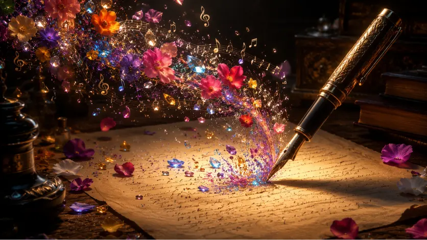 An ornate antique fountain pen writing on aged paper while releasing a swirling cloud of colorful flower petals, glowing crystals, and floating musical notes under warm spotlight lighting in a dark dreamlike room.