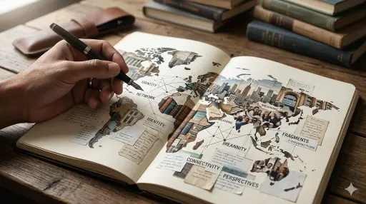 This image illustrates literature as an exercise in the 'cartography of consciousness,' where the author and the reader attempt to connect fragments of identity, culture, and reality in a globalized and digital world.